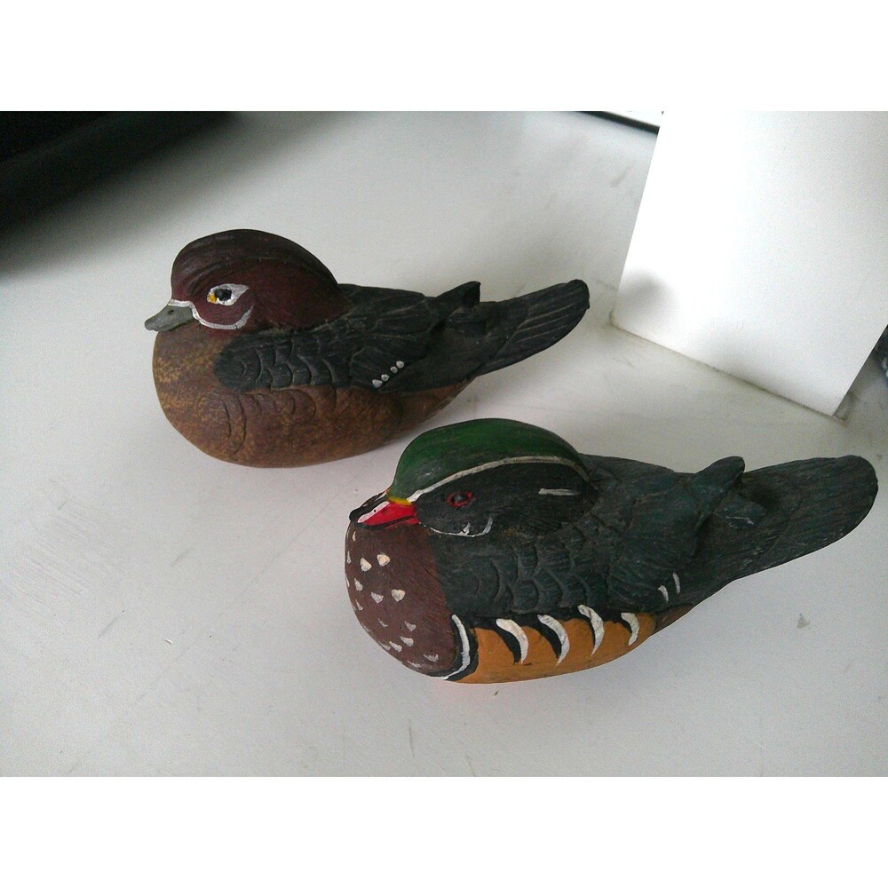 Vintage 1982  Pair of Hand Carved Painted 5" Wood Ducks Signed and Dated